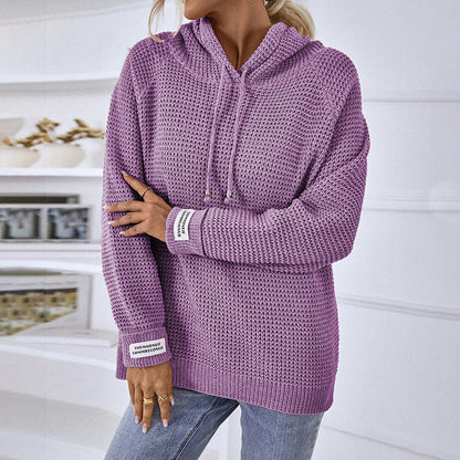 Frau in lila Strickpullover mit Kapuze, lässig und modisch, steht in modernem Raum. Perfekt für Herbstmode und gemütliche Outfits.