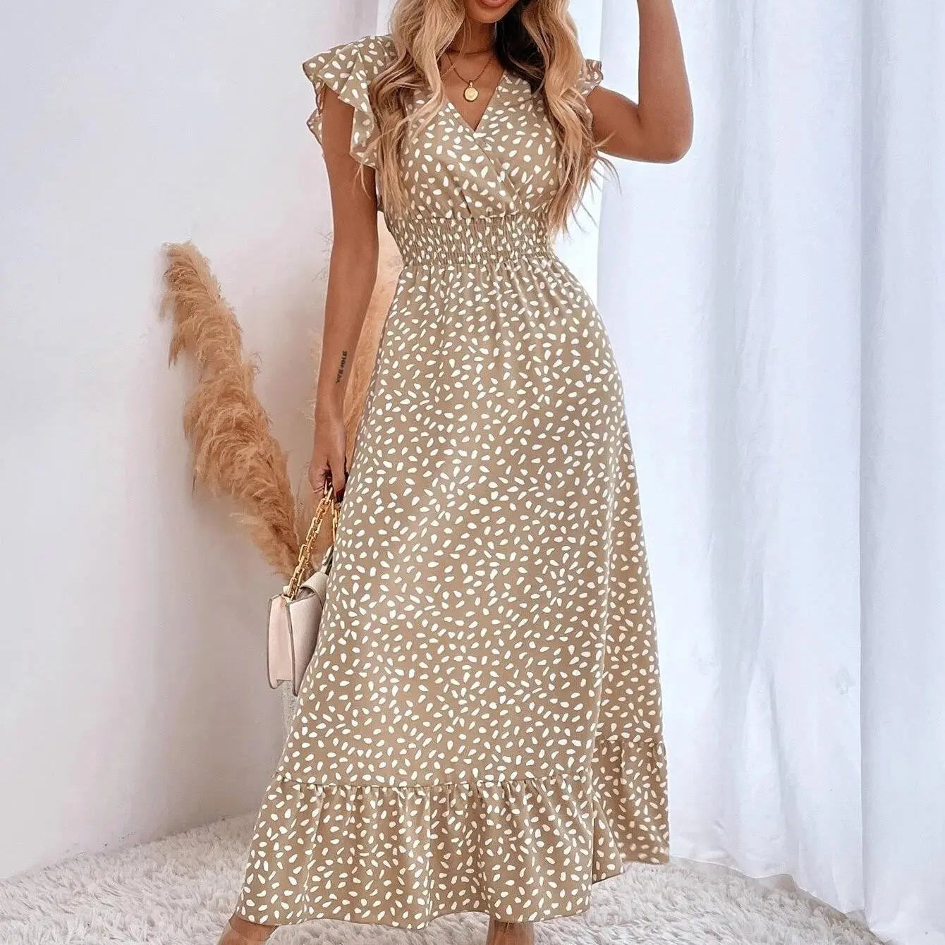 Damen Sommer Midikleid mit Stehkragen – Ärmellos A Linie Seitentaschen