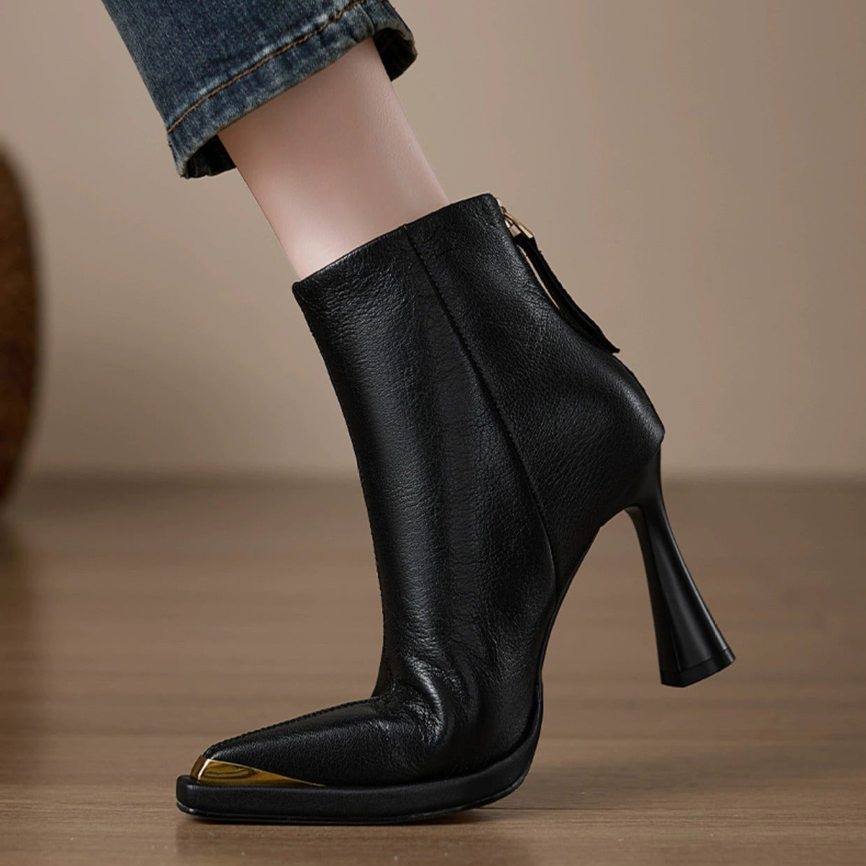 Women's Ankle Boots with Molded Heel, Metallic Tip and Zipper at the Back