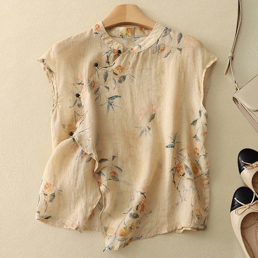 Damen Bluse Mit Stehkragen, Seitlichen Knöpfen Und Blumenmuster