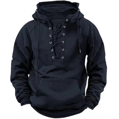 Schwarzer Kapuzenpullover mit Schnürung, Kängurutasche und langen Ärmeln. Modischer Hoodie für Herren, ideal für Freizeit und Streetwear.