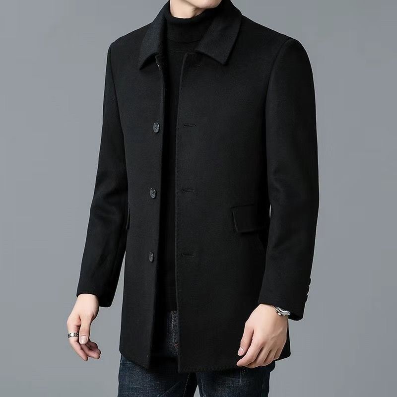 Men's coat of medium length with lapel collar, double-sided design, and straight hem