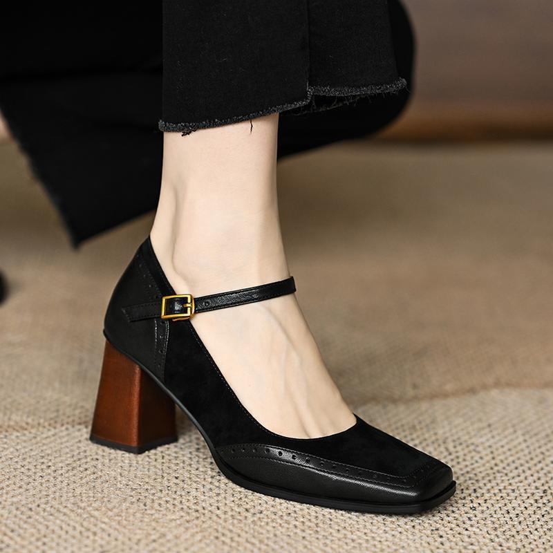 Women's Mary Jane Pumps with Flared Block Heel and Golden Buckle