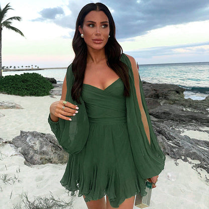 Damen Sommerkleid mit langen Ärmeln, tailliertem Schnitt und ausgestelltem Rock