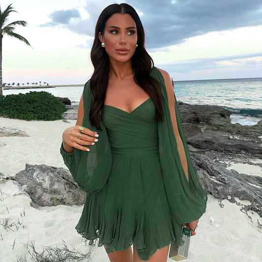 Damen Sommerkleid mit langen Ärmeln, tailliertem Schnitt und ausgestelltem Rock