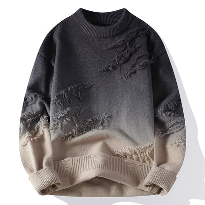 Grauer und beiger Strickpullover mit Farbverlauf und strukturiertem Design, modischer Herrenpullover, warm und stilvoll für Herbst und Winter.
