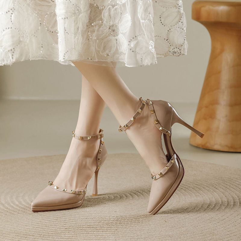 Women's Lace Stiletto Pumps with Double Straps and Studs