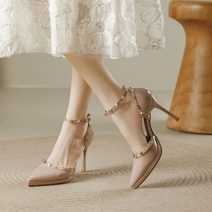 Women's Lace Stiletto Pumps with Double Straps and Studs