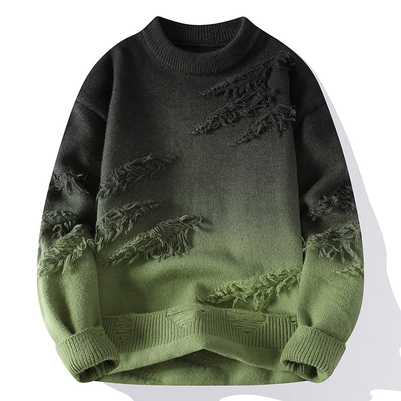 Grüner Ombre-Pullover mit Fransen, Rundhalsausschnitt und langen Ärmeln. Modischer Strickpullover für Herren, ideal für Herbst und Winter.