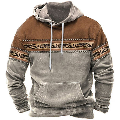 Grauer und brauner Kapuzenpullover mit ethnischem Muster, Kängurutasche und Kordelzug. Modischer Herren-Hoodie für Herbst und Winter.