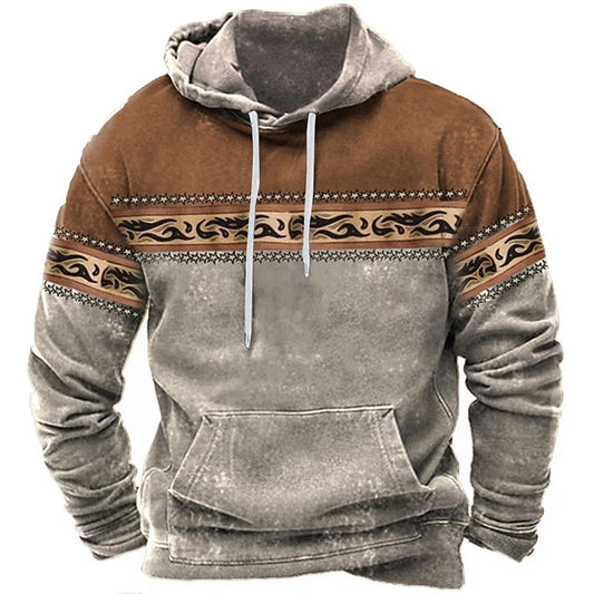 Grauer und brauner Kapuzenpullover mit ethnischem Muster, Kängurutasche und Kordelzug. Modischer Herren-Hoodie für Herbst und Winter.
