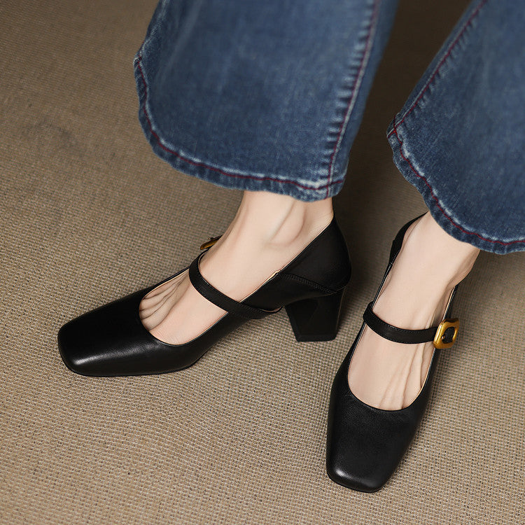 Women's Heels Square Toes Golden Buckle Structured Shape