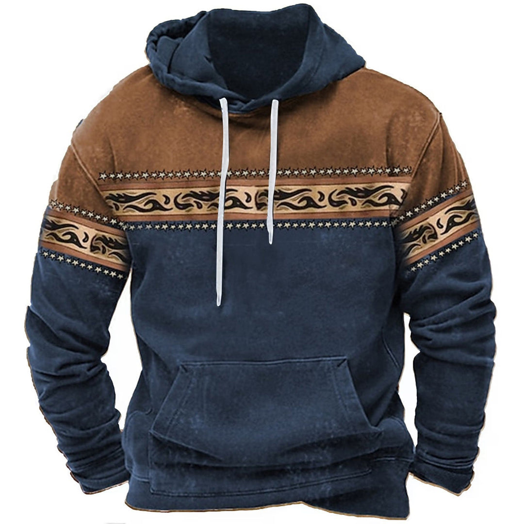 Brauner und blauer Kapuzenpullover mit ethnischem Muster, Kängurutasche und weißen Kordeln. Modischer Herren-Hoodie, ideal für Herbst und Winter.