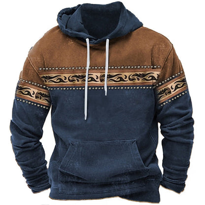 Brauner und blauer Kapuzenpullover mit ethnischem Muster, Kängurutasche und weißen Kordeln. Modischer Herren-Hoodie, ideal für Herbst und Winter.