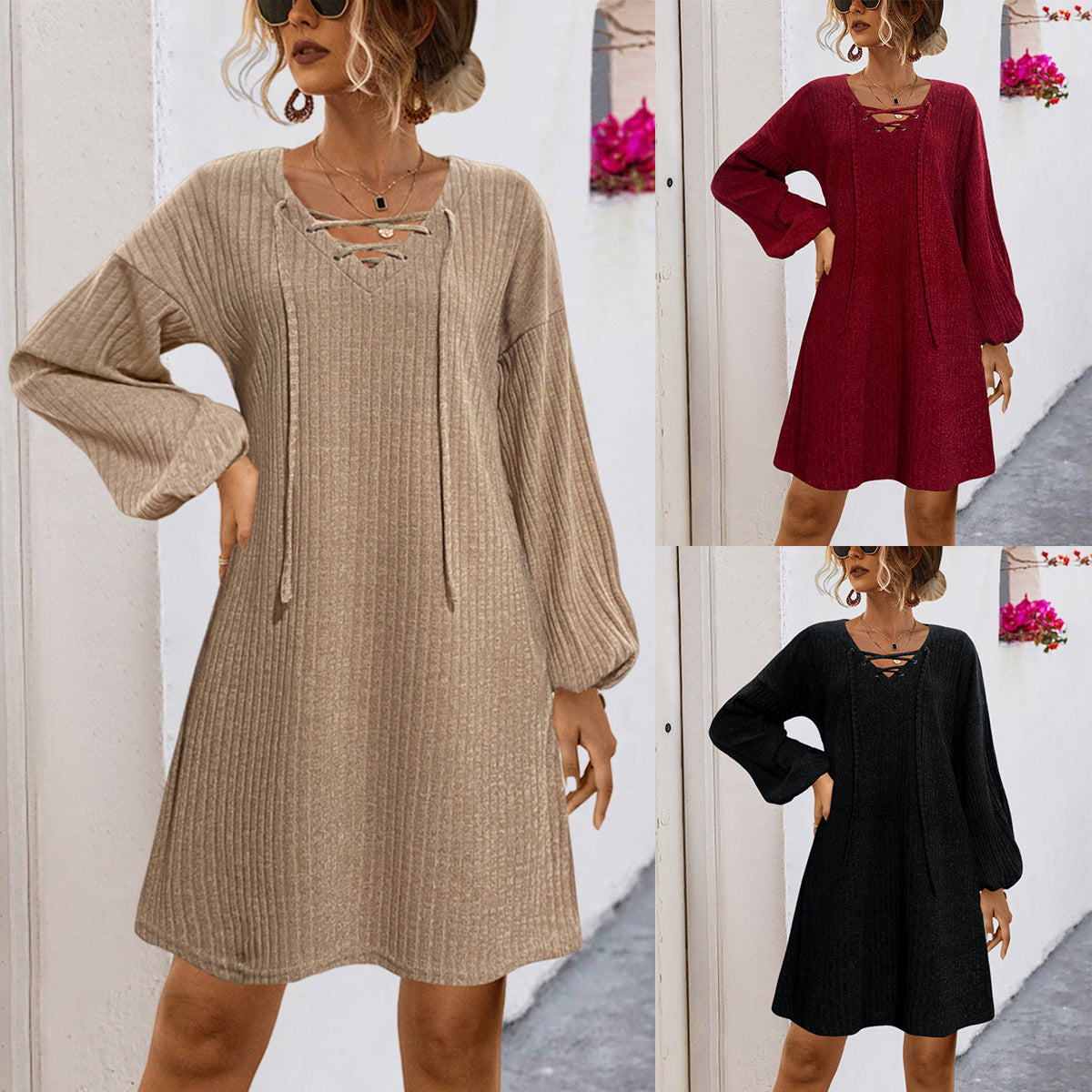 Damen-Strickkleid mit dekorativem Schnürdetail an der Vorderseite