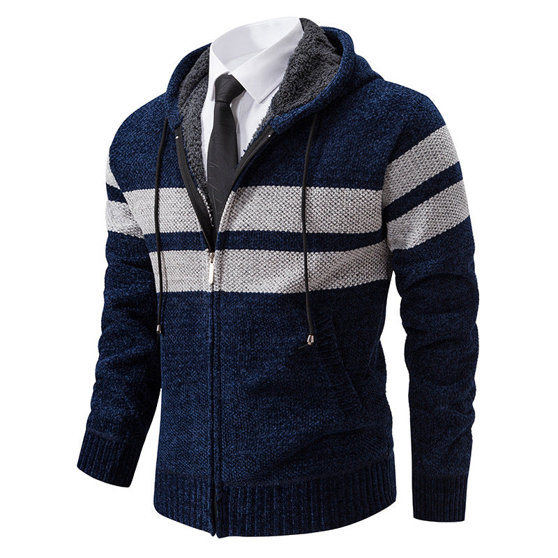 Herren Strick Kapuzenjacke Mit Teddyfutter Und Kontraststreifen