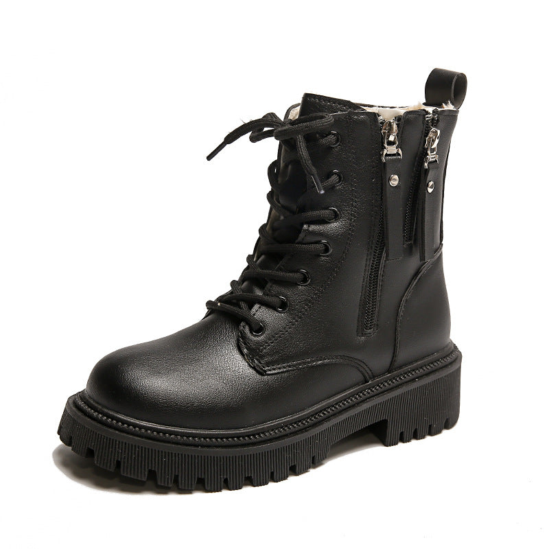 Schwarzer Damen-Schnürstiefel aus Leder mit dicker Profilsohle, seitlichem Reißverschluss und robustem Design. Ideal für Herbst- und Wintermode.