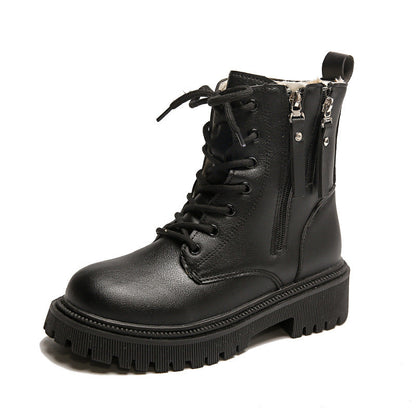 Schwarzer Damen-Schnürstiefel aus Leder mit dicker Profilsohle, seitlichem Reißverschluss und robustem Design. Ideal für Herbst- und Wintermode.