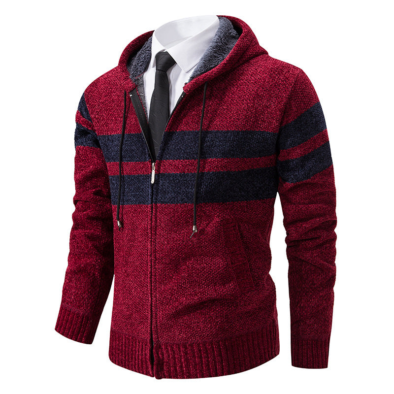 Detail des Strickmaterials und der Kontraststreifen an der Jacke