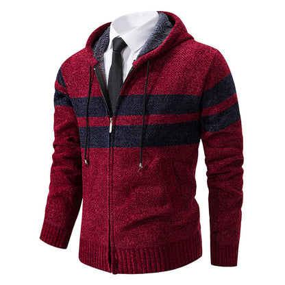 Detail des Strickmaterials und der Kontraststreifen an der Jacke