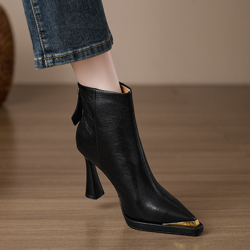 Women's Ankle Boots with Molded Heel, Metallic Tip and Zipper at the Back