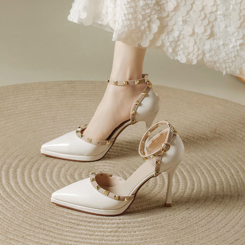 Women's Lace Stiletto Pumps with Double Straps and Studs