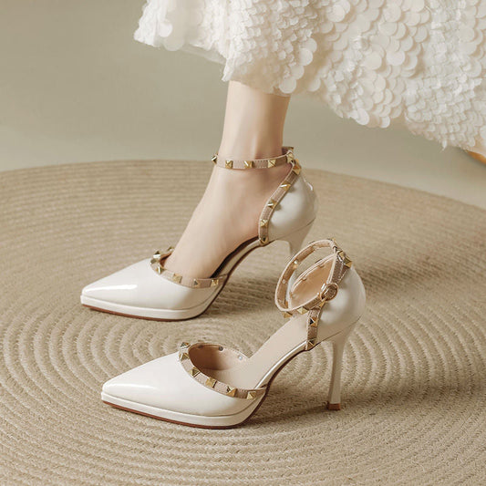 Damen-Spitzen-Stiletto-Pumps mit Doppelriemen und Nieten