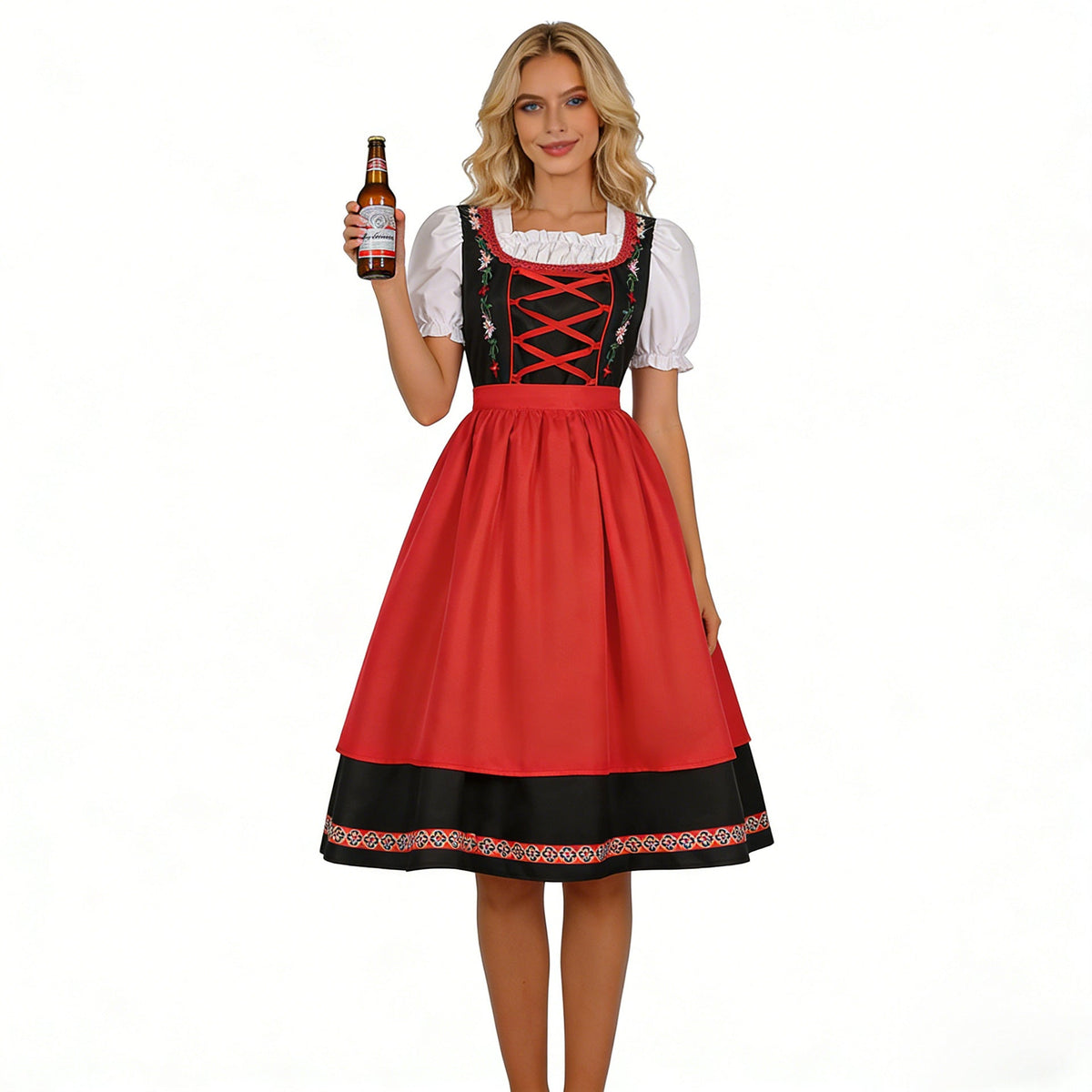 Damen-Dirndlkleid mit besticktem Mieder und Puffärmeln von vorne