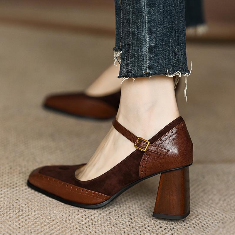 Women's Mary Jane Pumps with Flared Block Heel and Golden Buckle
