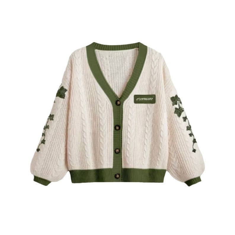 Damen-Oversize-Cardigan mit Zopfmuster und Blumenstickerei