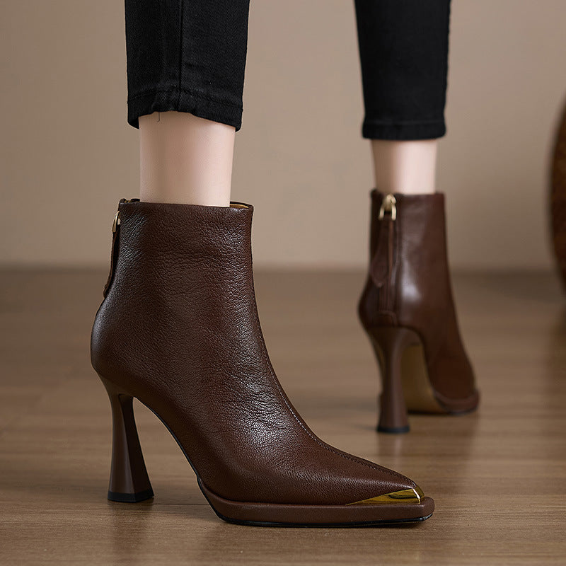 Women's Ankle Boots with Molded Heel, Metallic Tip and Zipper at the Back