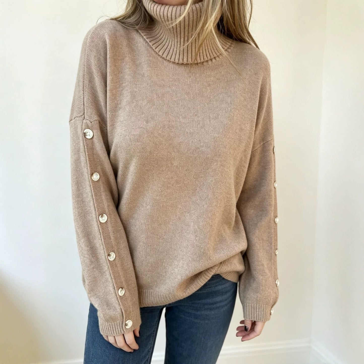 Damen Oversized Rollkragenpullover mit hohem Rollkragen und Zierknöpfen