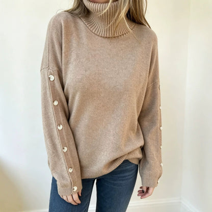 Damen Oversized Rollkragenpullover mit hohem Rollkragen und Zierknöpfen