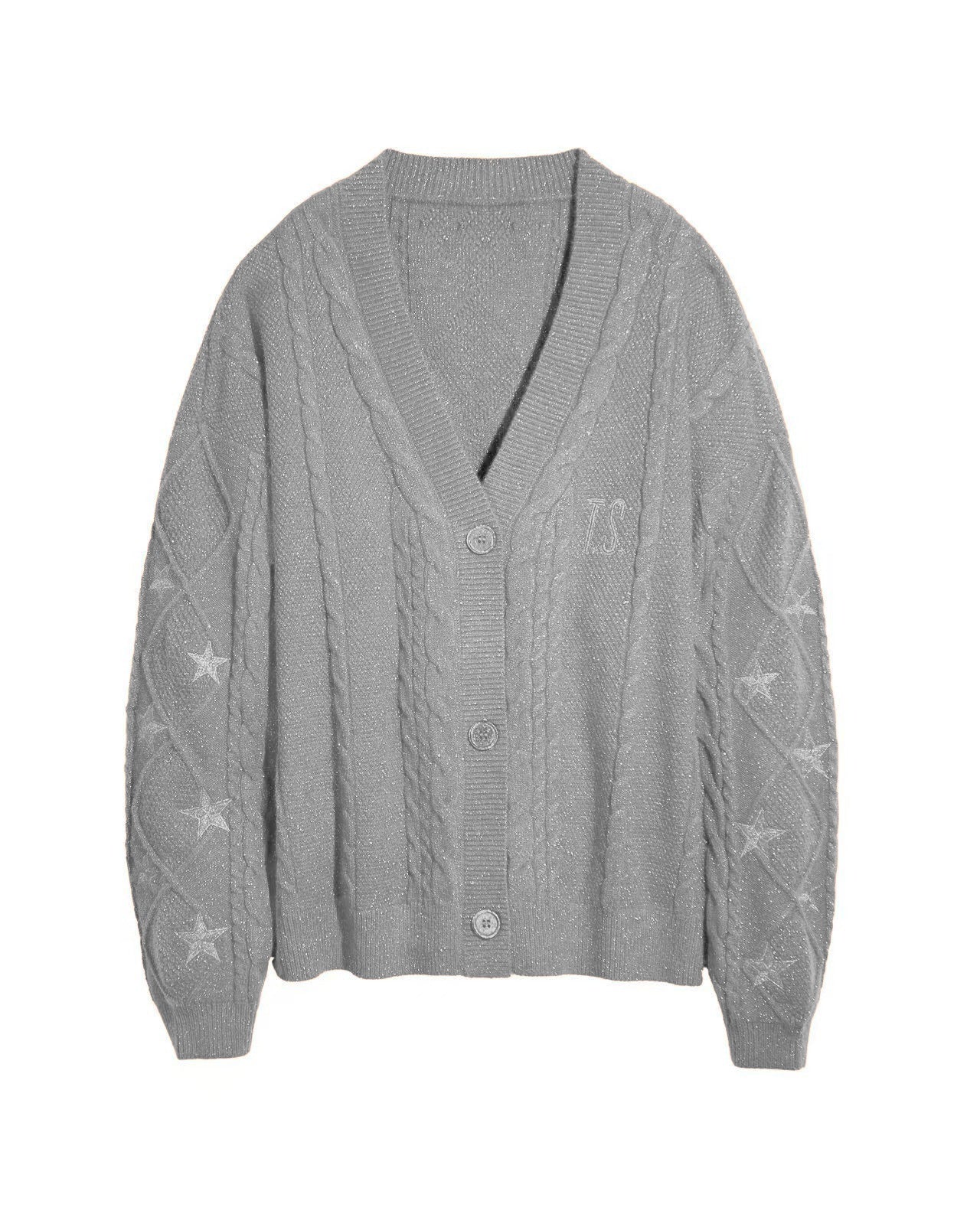 Seitliche Ansicht des Grobstrick-Cardigans mit Zopfmuster