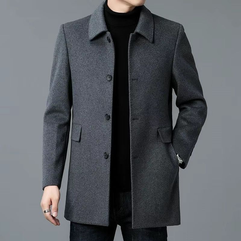 Men's coat of medium length with lapel collar, double-sided design, and straight hem
