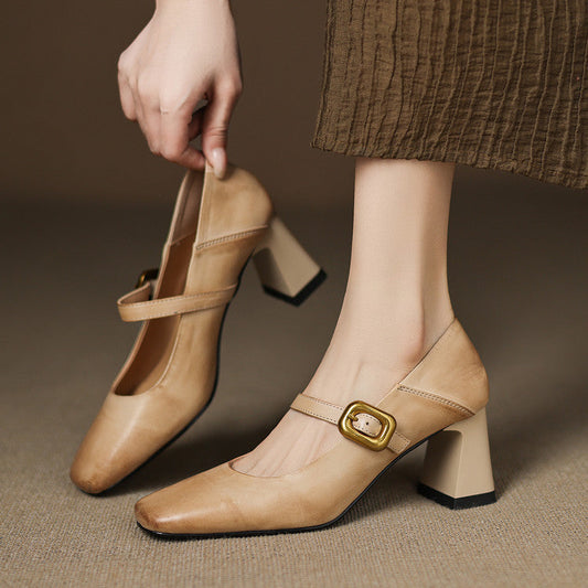 Women's Heels Square Toes Golden Buckle Structured Shape