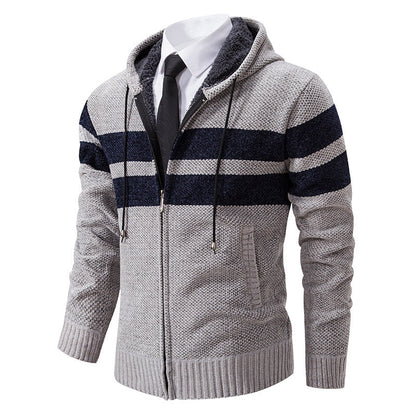 Herren Strick Kapuzenjacke Mit Teddyfutter Und Kontraststreifen