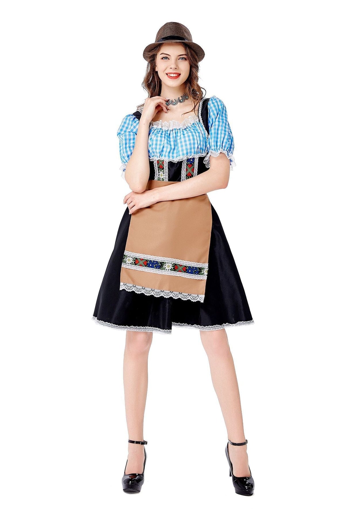 Seitliche Ansicht des Damen-Dirndls mit Mieder und Schürze