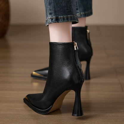 Women's Ankle Boots with Molded Heel, Metallic Tip and Zipper at the Back