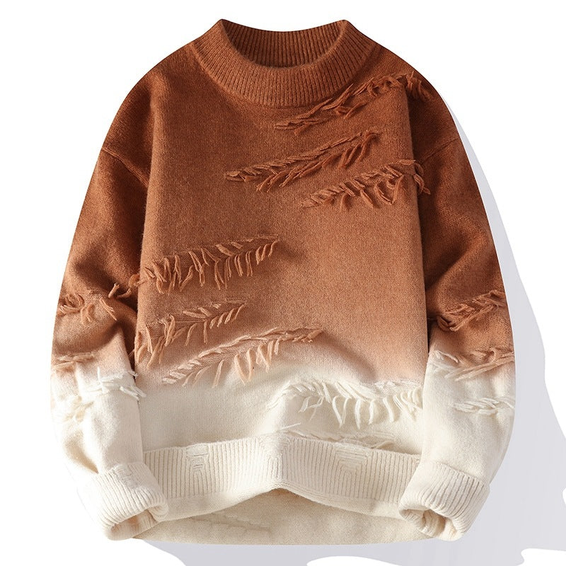 Brauner und weißer Strickpullover mit Blattmuster, weiches Material, modisches Design, Herbst-Winter-Kleidung, gemütlicher Stil.