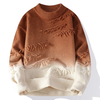 Brauner und weißer Strickpullover mit Blattmuster, weiches Material, modisches Design, Herbst-Winter-Kleidung, gemütlicher Stil.