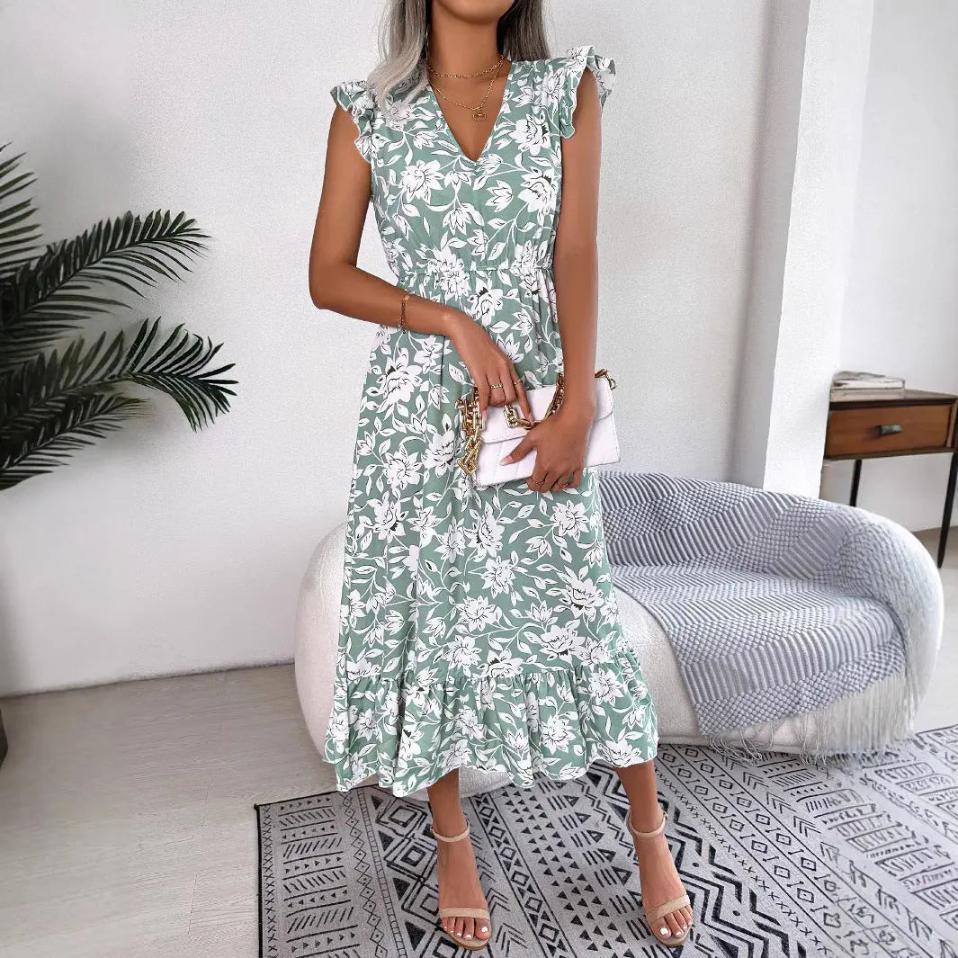 Damen Sommer Midikleid mit Blumenmuster – V Ausschnitt Flatterärmel A Linie