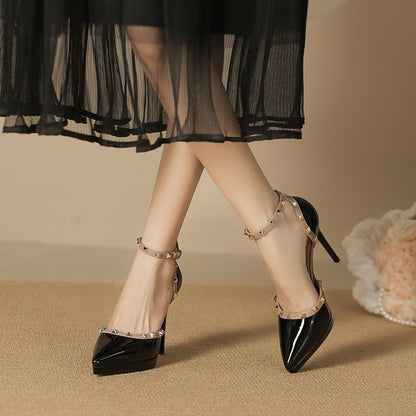 Women's Lace Stiletto Pumps with Double Straps and Studs