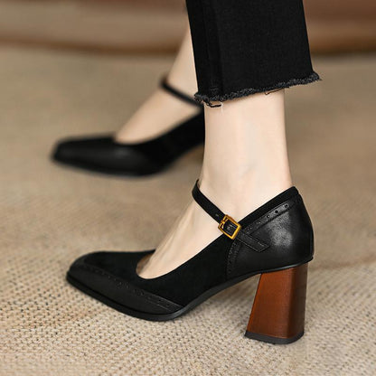Women's Mary Jane Pumps with Flared Block Heel and Golden Buckle
