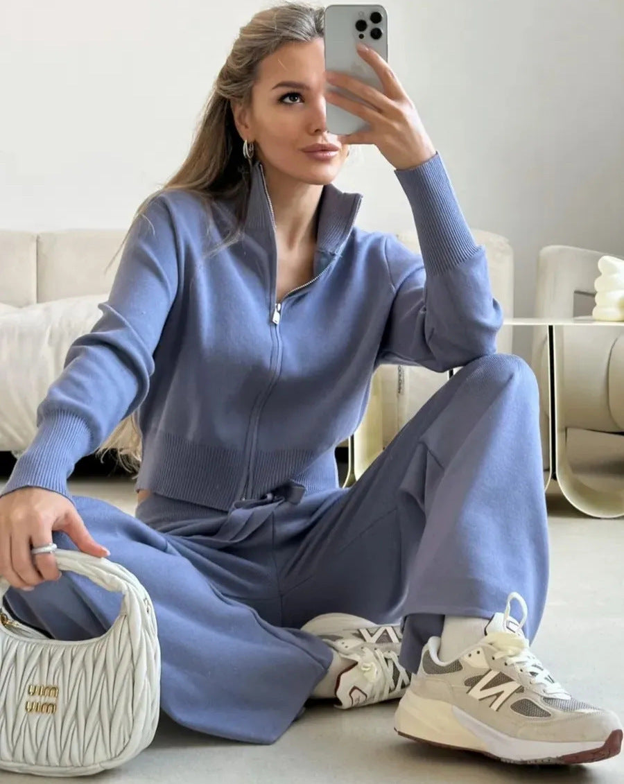 Damen Strick Loungewear Set Mit Reissverschluss Cardigan