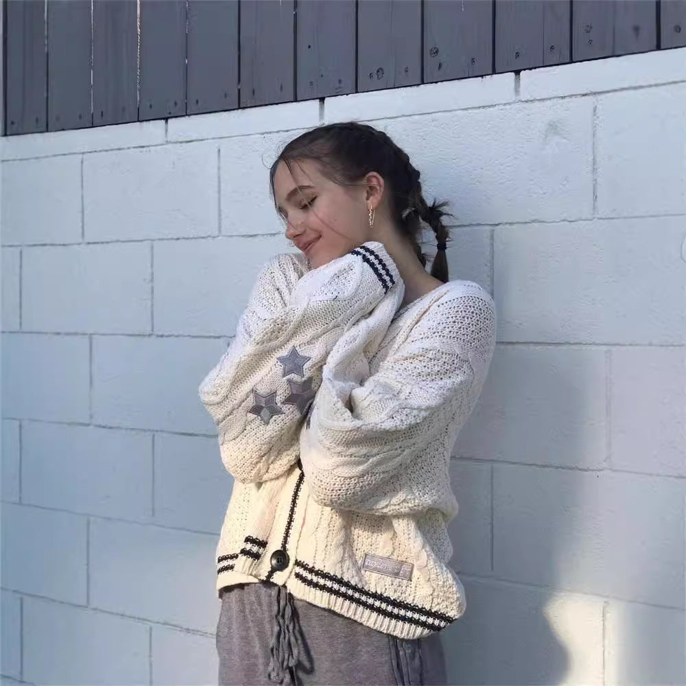 Damen Oversized Cardigan mit Zopfstrick und V-Ausschnitt