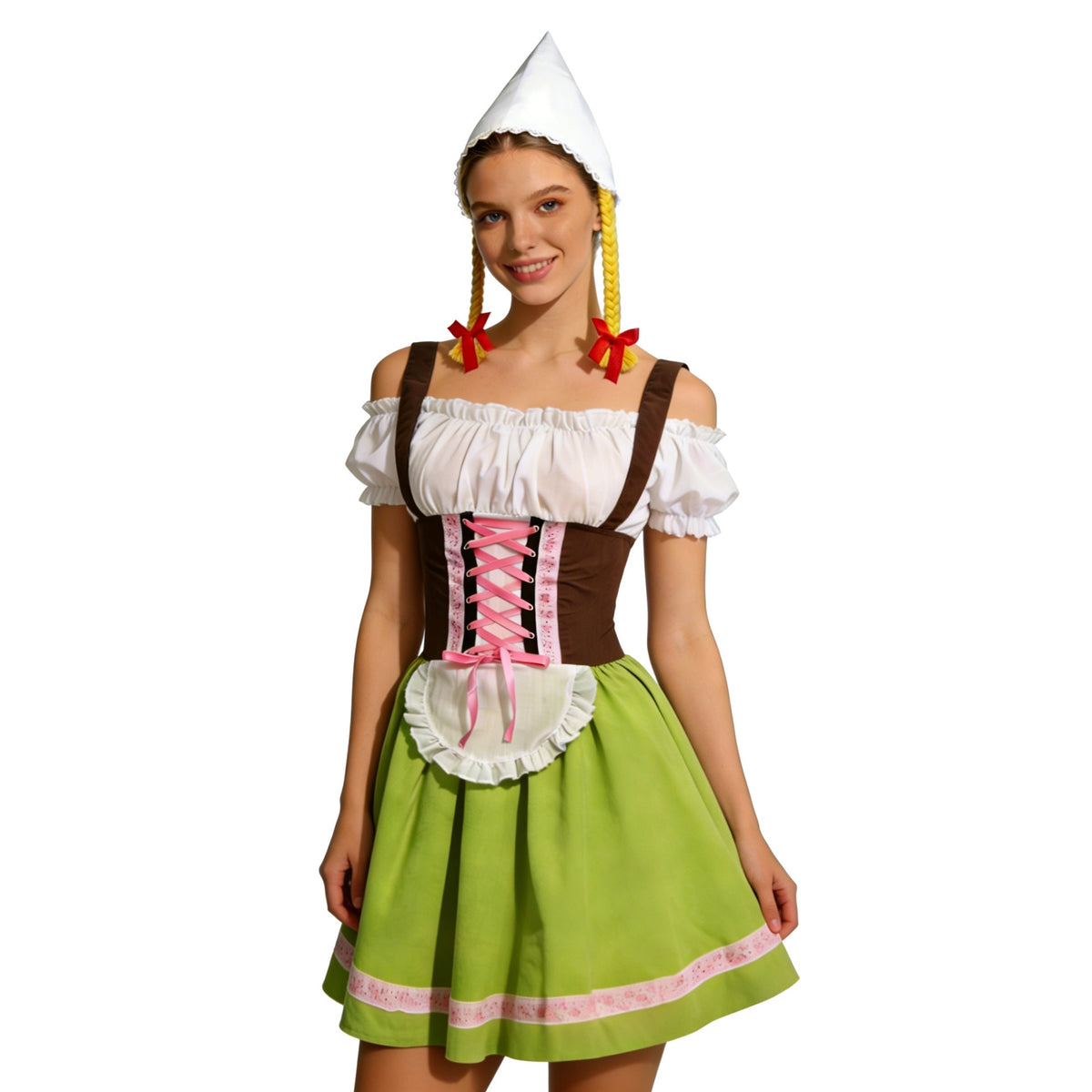 Seitliche Ansicht des Dirndl-Kostüms mit Schnürung und Schürze
