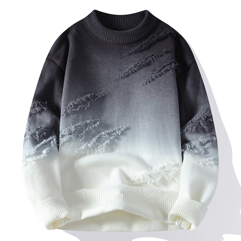 Grauer und weißer Ombre-Pullover mit strukturiertem Muster, Rundhalsausschnitt und langen Ärmeln. Modischer Strickpullover für Herbst und Winter.