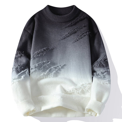 Grauer und weißer Ombre-Pullover mit strukturiertem Muster, Rundhalsausschnitt und langen Ärmeln. Modischer Strickpullover für Herbst und Winter.