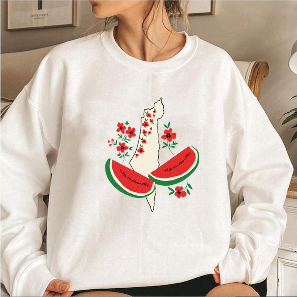 Weiße Sweatshirt mit Palästina-Karte, verziert mit roten Blumen und Wassermelonen-Design. Modetrend, Streetwear, Unisex-Pullover.